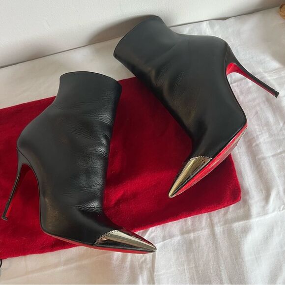 CHRISTIAN LOUBOUTIN Black Metal Toe Ankle Booties Calamijane 100mm Wingtip sz 37 - Picture 4 of 13